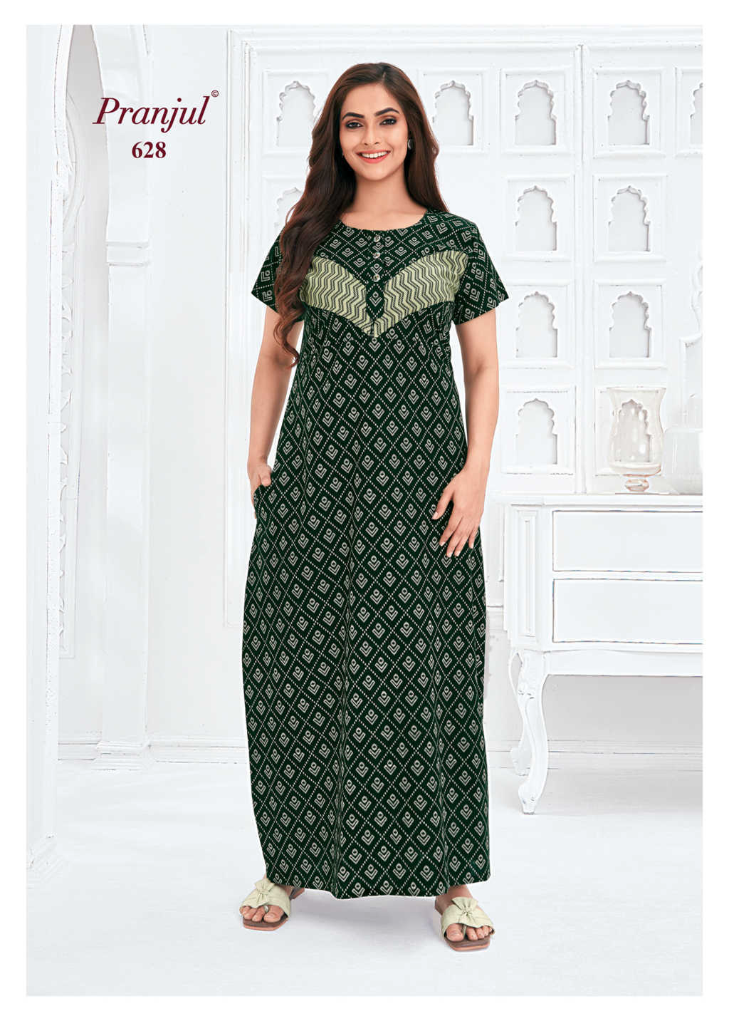 Pranjul - Pure Cotton Printed Nighty Gown - Green