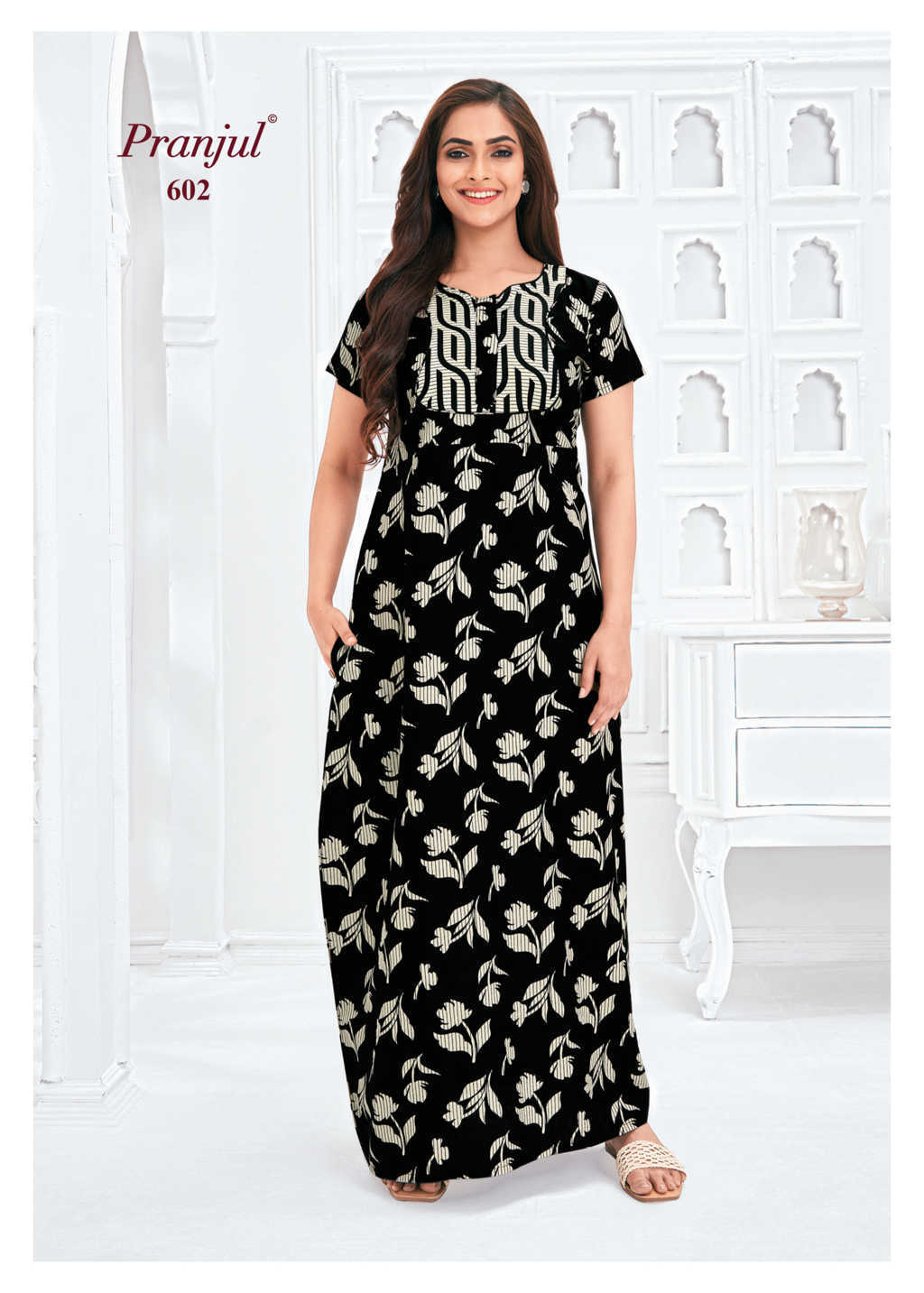 Pranjul - Pure Cotton Printed Nighty Gown - Black