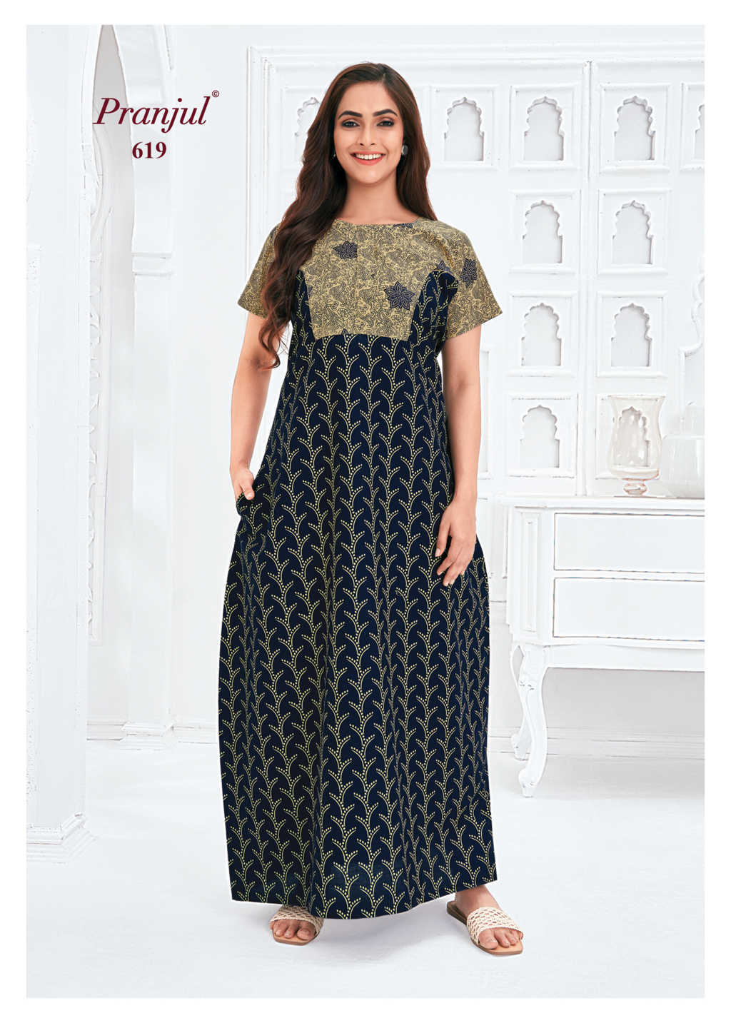 Pranjul - Pure Cotton Printed Nighty Gown - Navy Blue