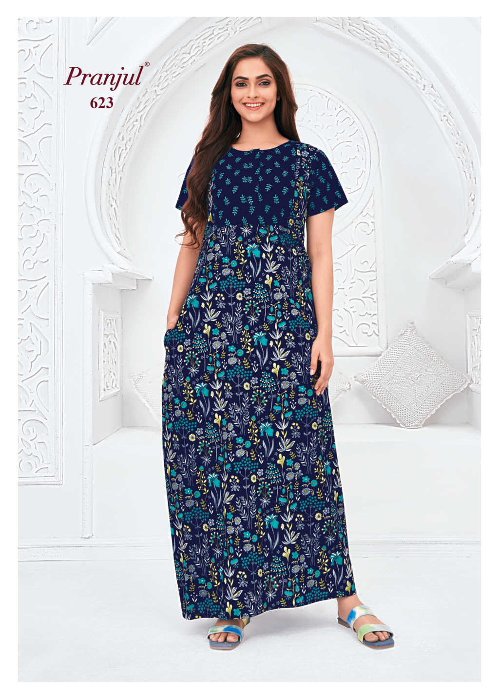 Pranjul - Pure Cotton Printed Nighty Gown - Blue