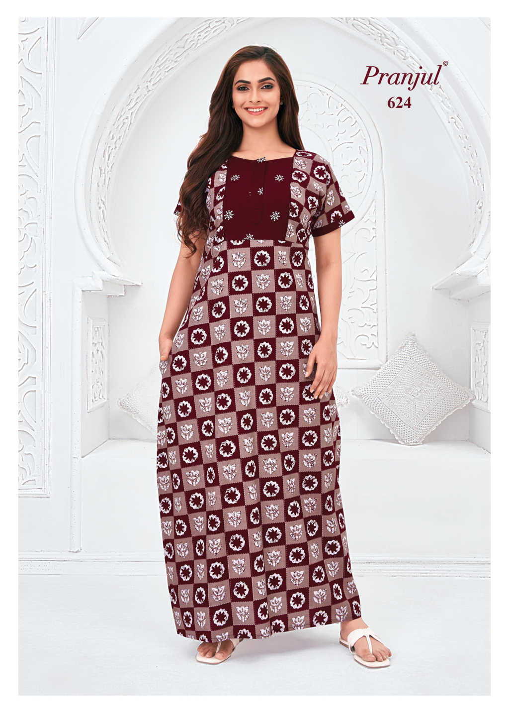 Pranjul - Pure Cotton Printed Nighty Gown - Maroon