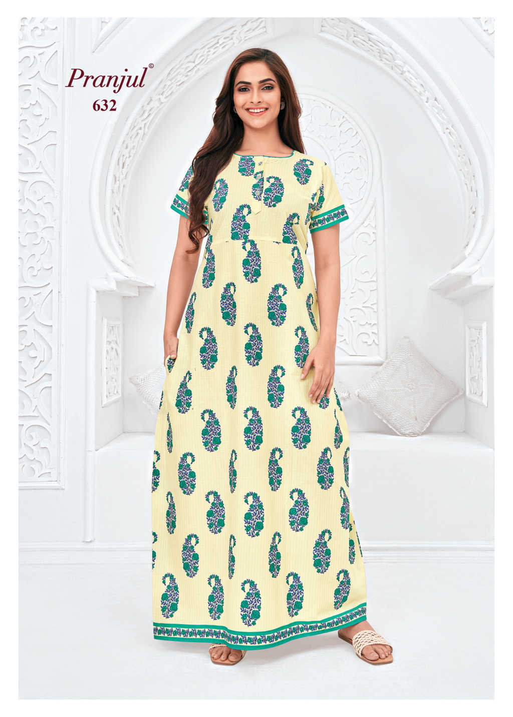 Pranjul - Pure Cotton Printed Nighty Gown - White