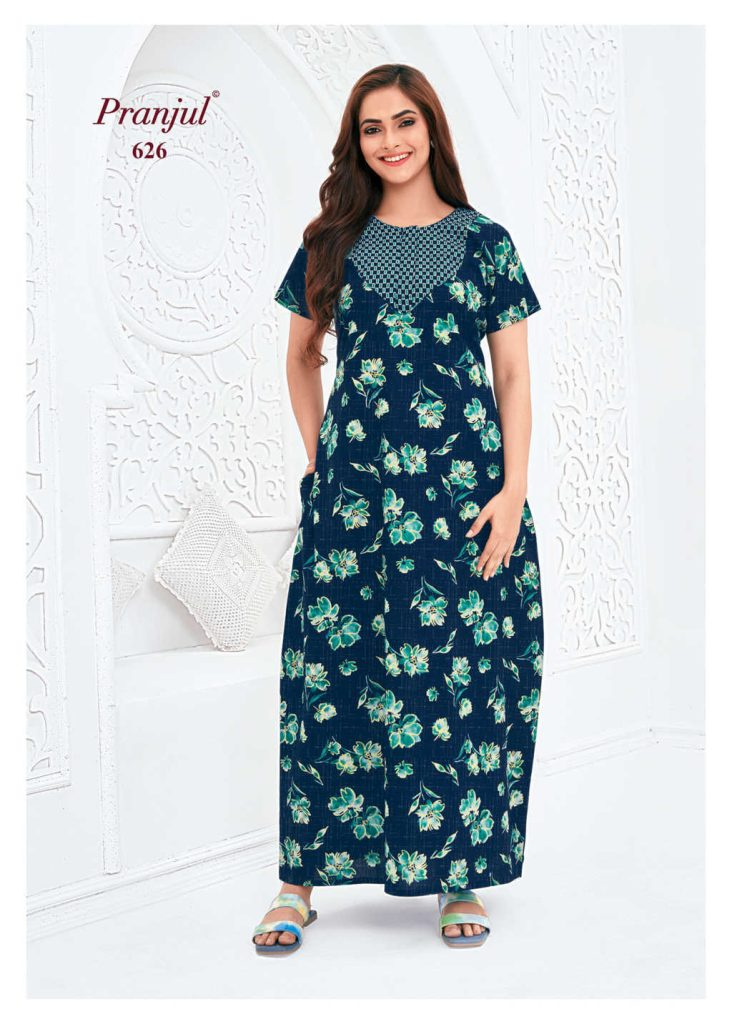 Pranjul - Pure Cotton Printed Nighty Gown - Blue