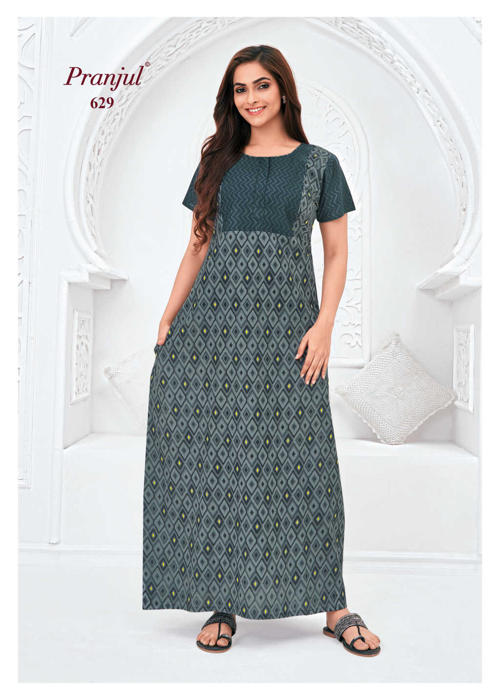 Pranjul - Pure Cotton Printed Nighty Gown - Grey