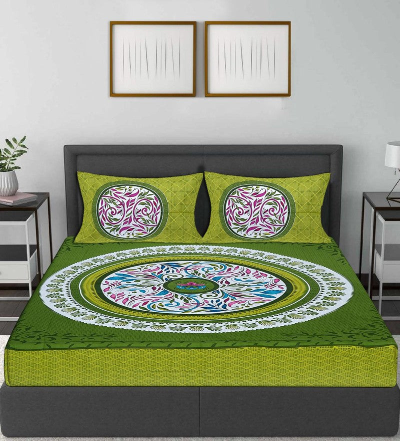 Green Premium Pure Cotton Printed Double Bedsheet