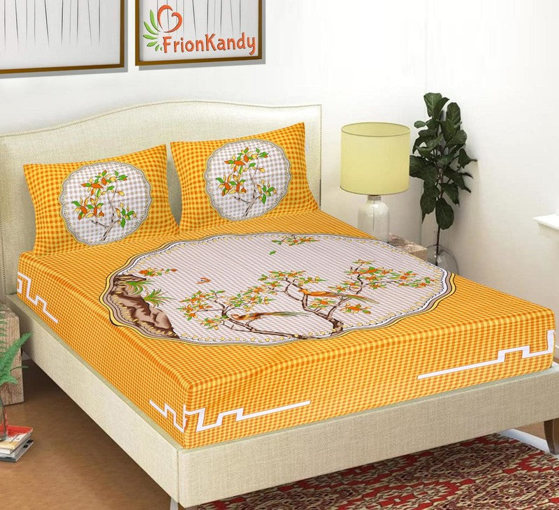 Yellow Premium Pure Cotton Printed Double Bedsheet