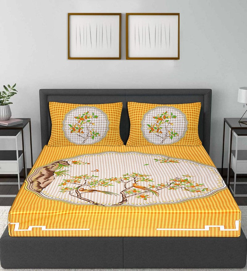 Yellow Premium Pure Cotton Printed Double Bedsheet