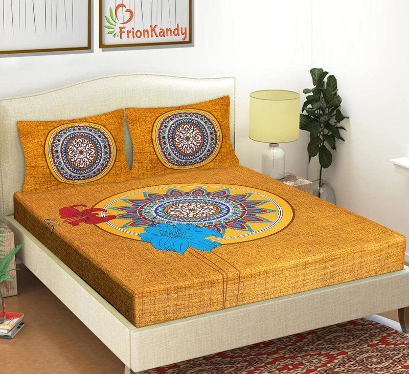 Yellow Premium Pure Cotton Printed Double Bedsheet