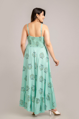 Turquoise Blue Floral Printed Sleeveless Fit and Flare Maxi Dress