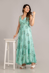 Turquoise Blue Floral Printed Sleeveless Fit and Flare Maxi Dress