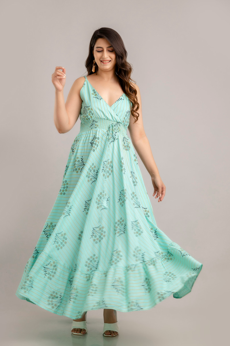 Turquoise Blue Floral Printed Sleeveless Fit and Flare Maxi Dress