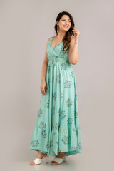 Turquoise Blue Floral Printed Sleeveless Fit and Flare Maxi Dress