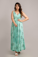 Turquoise Blue Floral Printed Sleeveless Fit and Flare Maxi Dress