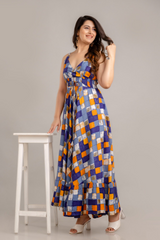 Multi Geometric Printed Sleeveless Fit and Flare Maxi Dress