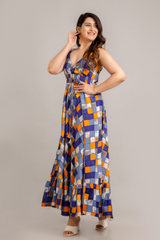 Multi Geometric Printed Sleeveless Fit and Flare Maxi Dress