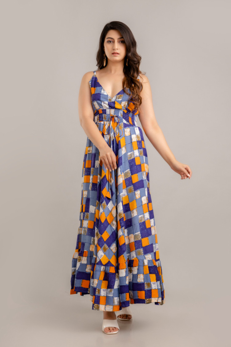 Multi Geometric Printed Sleeveless Fit and Flare Maxi Dress