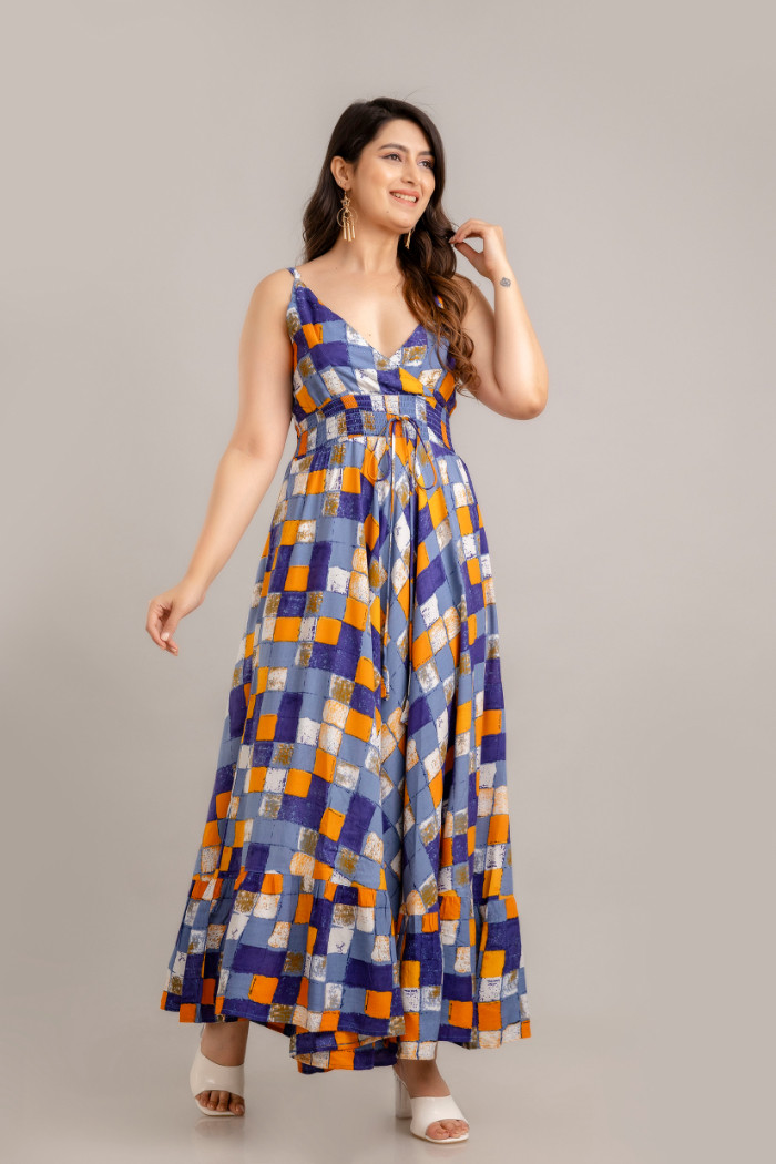 Multi Geometric Printed Sleeveless Fit and Flare Maxi Dress