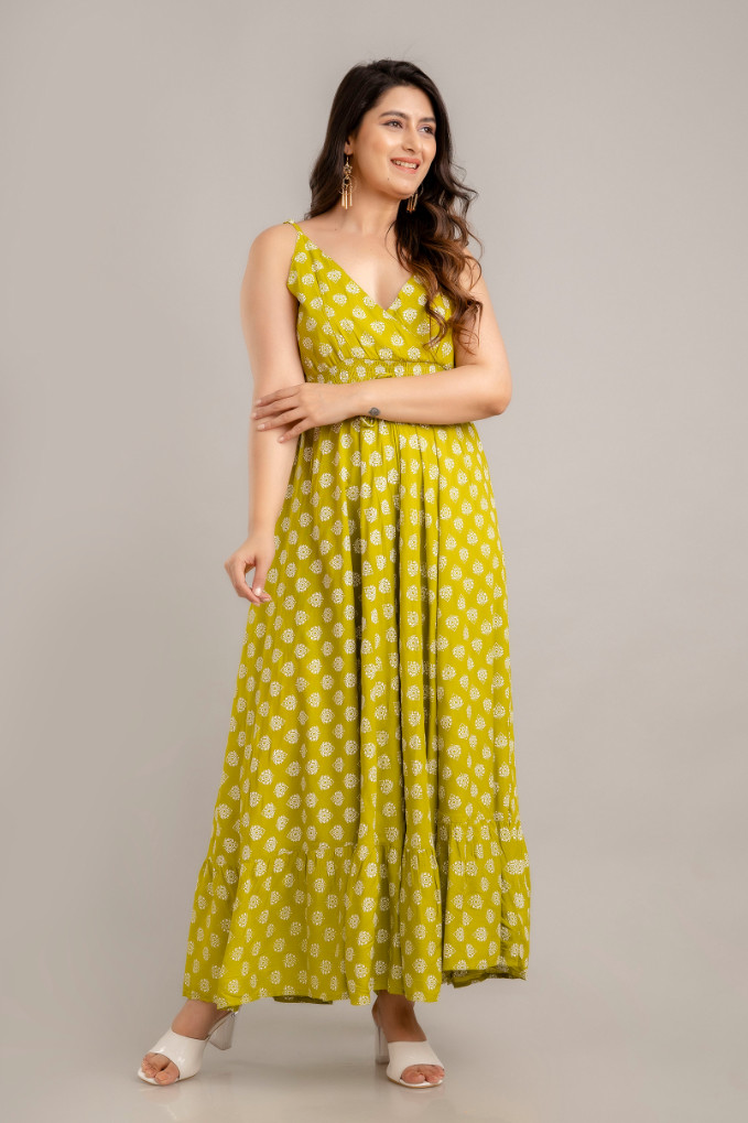 Green Floral Printed Sleeveless Fit and Flare Maxi Dress