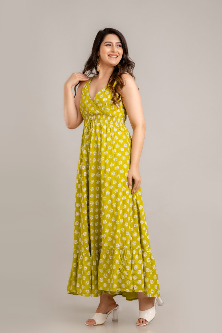 Green Floral Printed Sleeveless Fit and Flare Maxi Dress