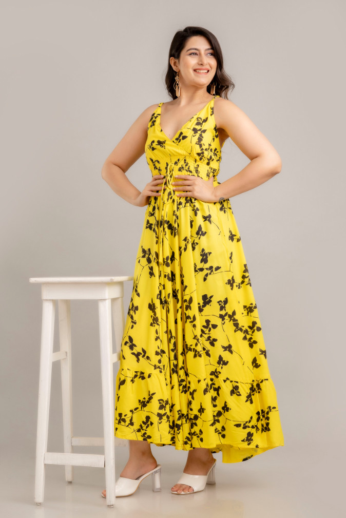 Yellow Floral Printed Sleeveless Fit and Flare Maxi Dress