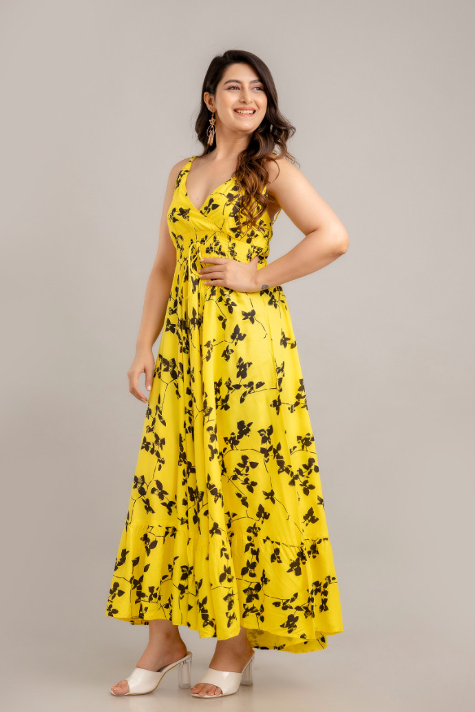 Yellow Floral Printed Sleeveless Fit and Flare Maxi Dress