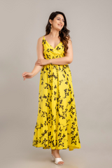 Yellow Floral Printed Sleeveless Fit and Flare Maxi Dress