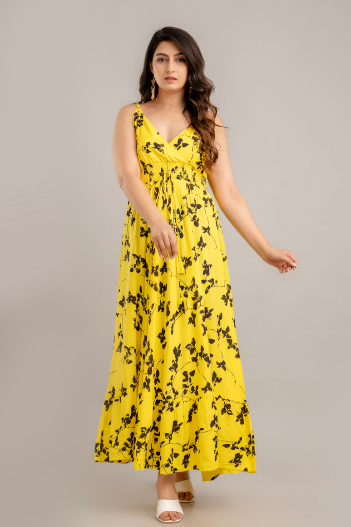 Yellow Floral Printed Sleeveless Fit and Flare Maxi Dress