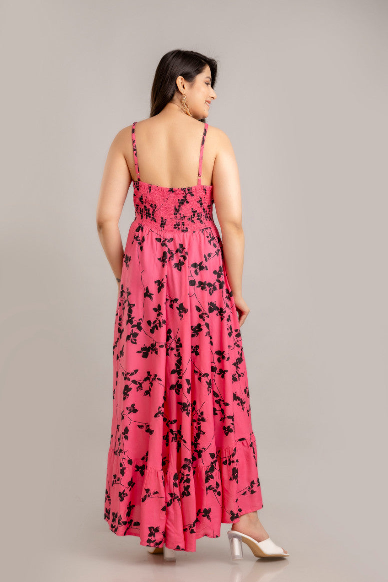 Pink Floral Printed Sleeveless Fit and Flare Maxi Dress