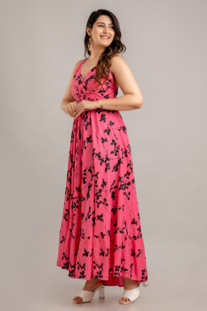 Pink Floral Printed Sleeveless Fit and Flare Maxi Dress