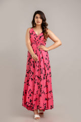 Pink Floral Printed Sleeveless Fit and Flare Maxi Dress