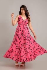 Pink Floral Printed Sleeveless Fit and Flare Maxi Dress