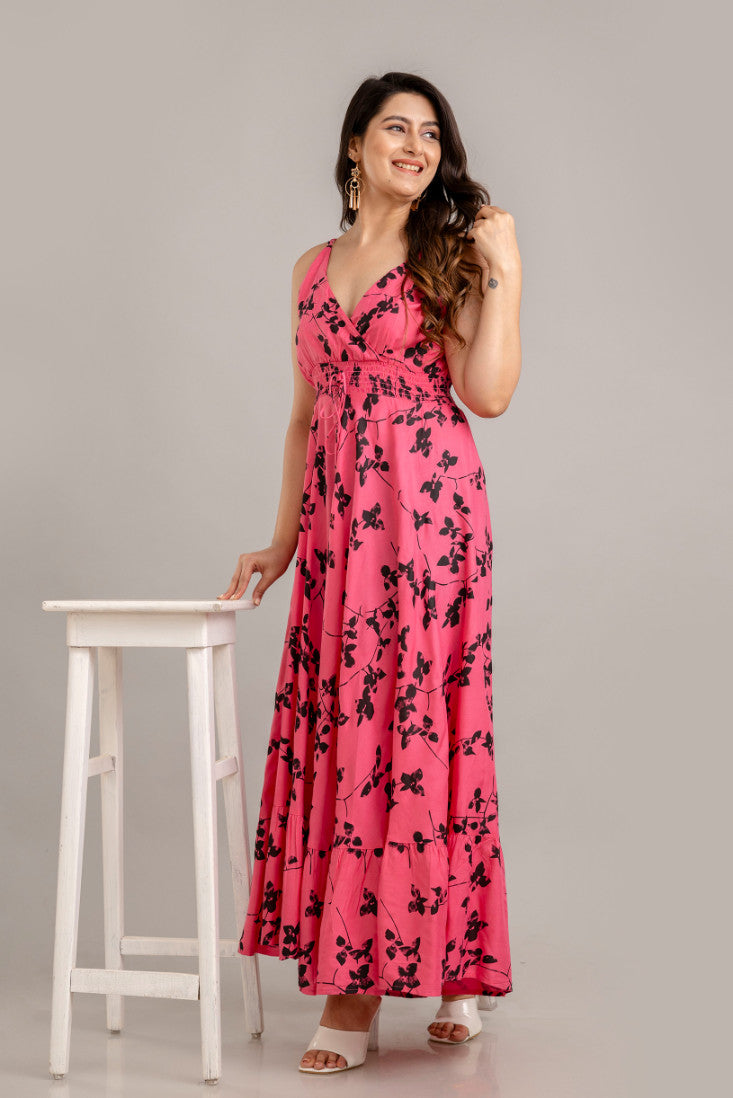 Pink Floral Printed Sleeveless Fit and Flare Maxi Dress