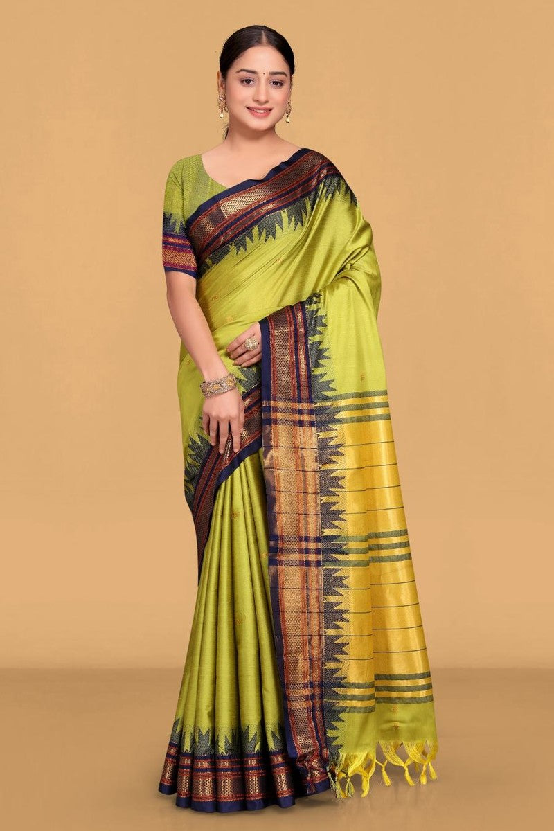 Sita - Paithani Cotton Silk Woven Saree With Blouse - Light Green