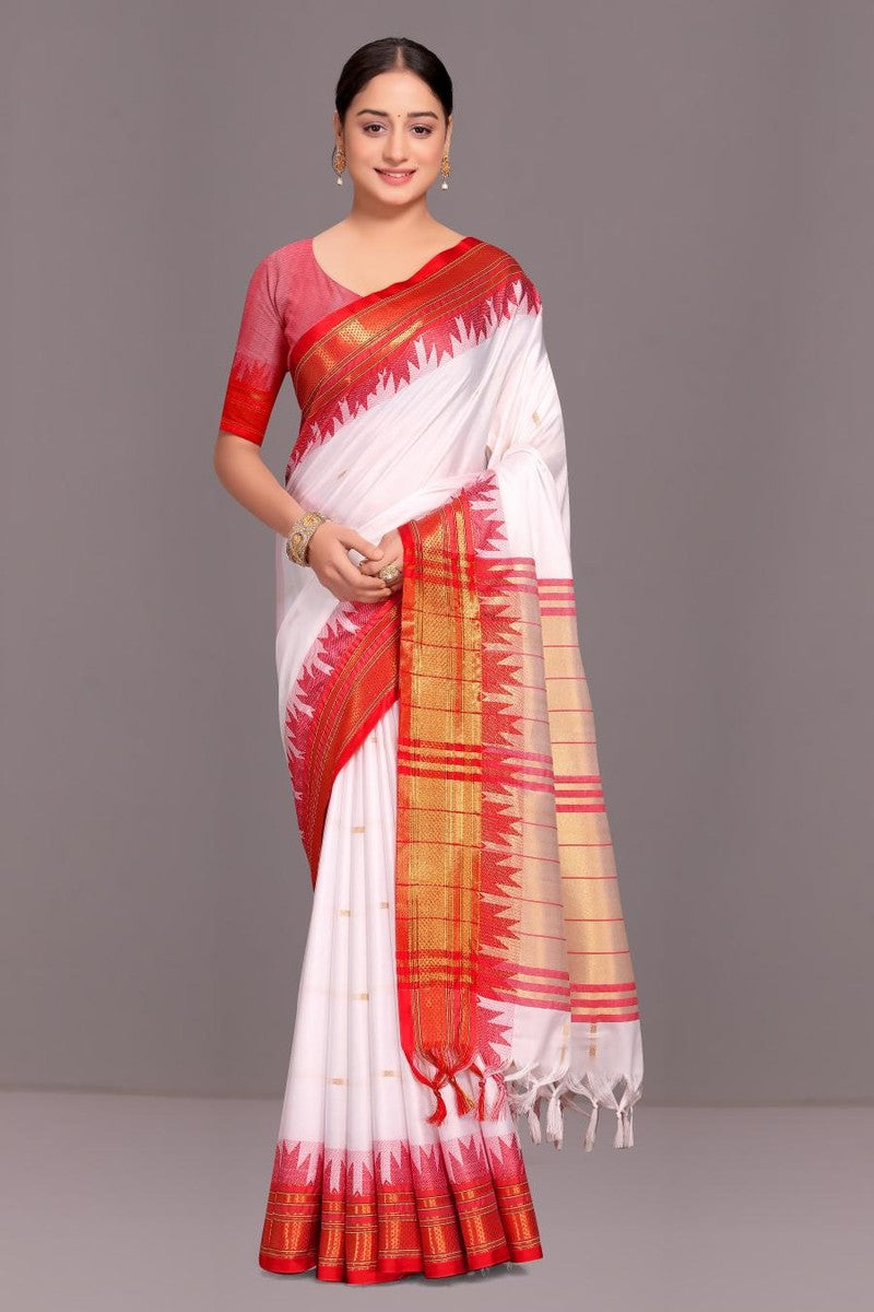 Sita - Paithani Cotton Silk Woven Saree With Blouse - White & Red