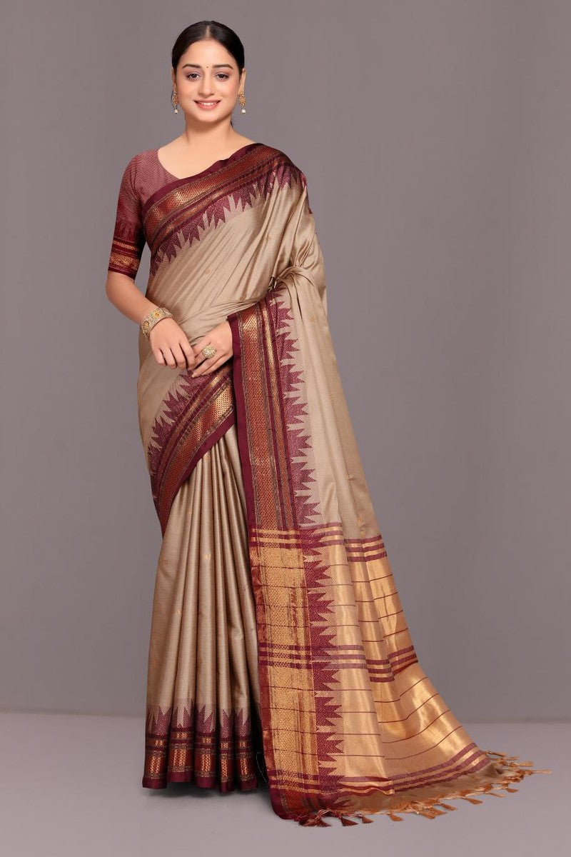 Sita - Paithani Cotton Silk Woven Saree With Blouse - Dark Golden & Maroon