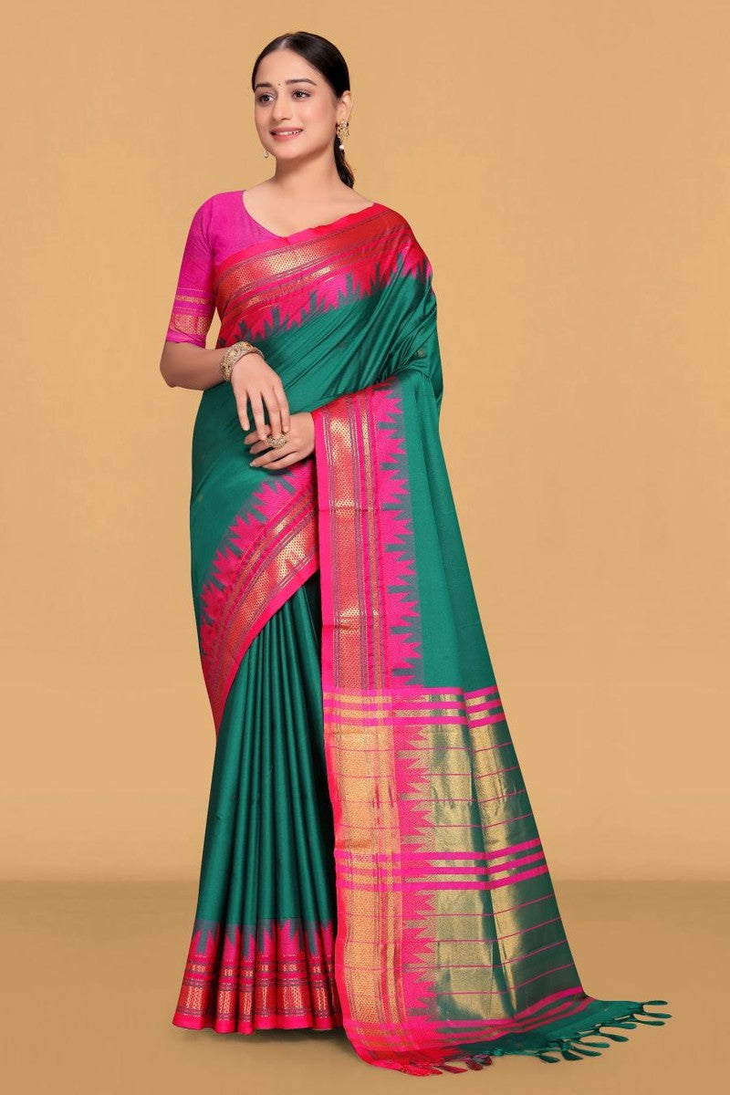 Sita - Paithani Cotton Silk Woven Saree With Blouse - Green & Pink