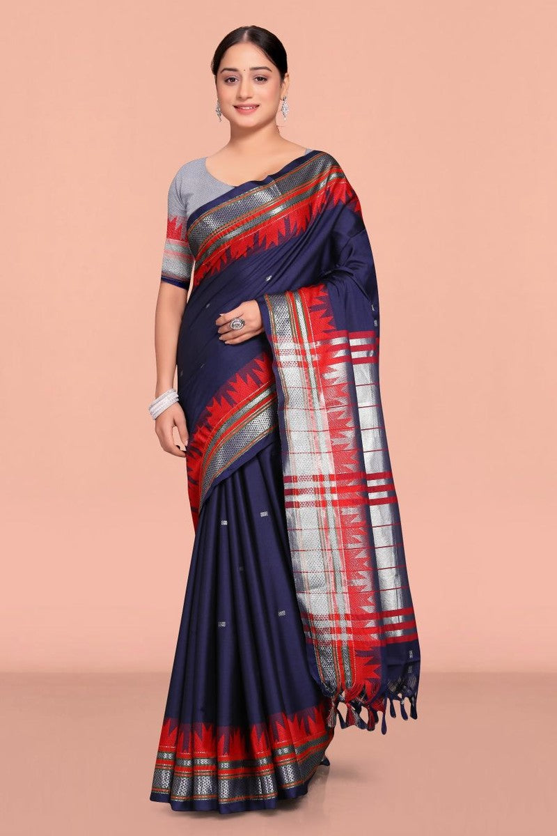 Sita - Paithani Cotton Silk Woven Saree With Blouse - Navy Blue