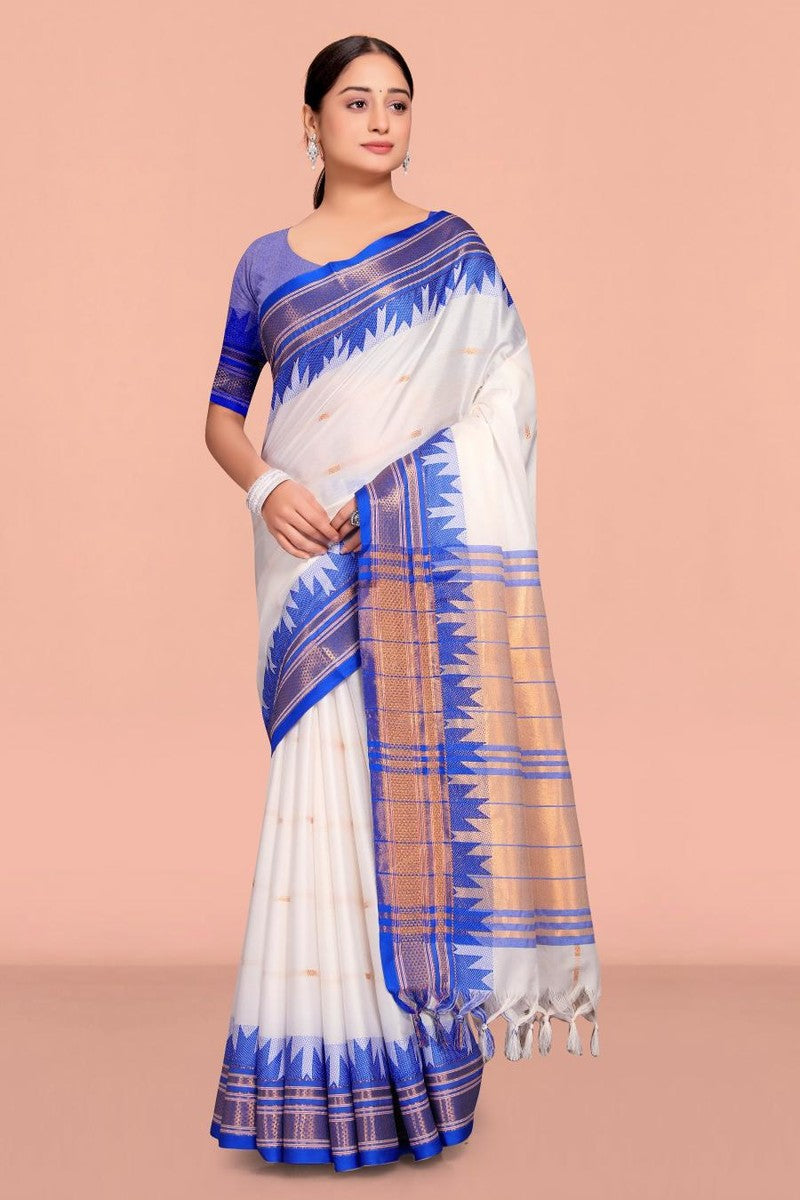 Sita - Paithani Cotton Silk Woven Saree With Blouse - White & Blue