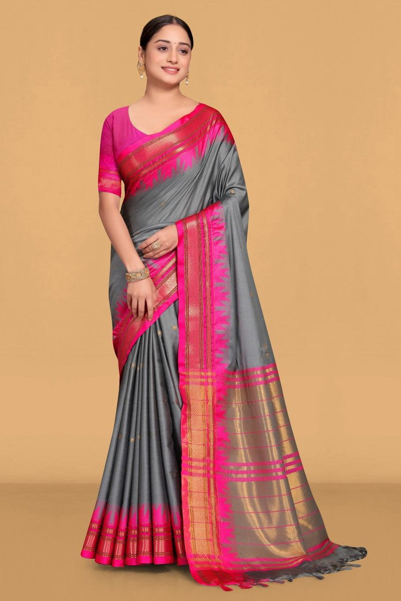 Sita - Paithani Cotton Silk Woven Saree With Blouse - Grey & Pink