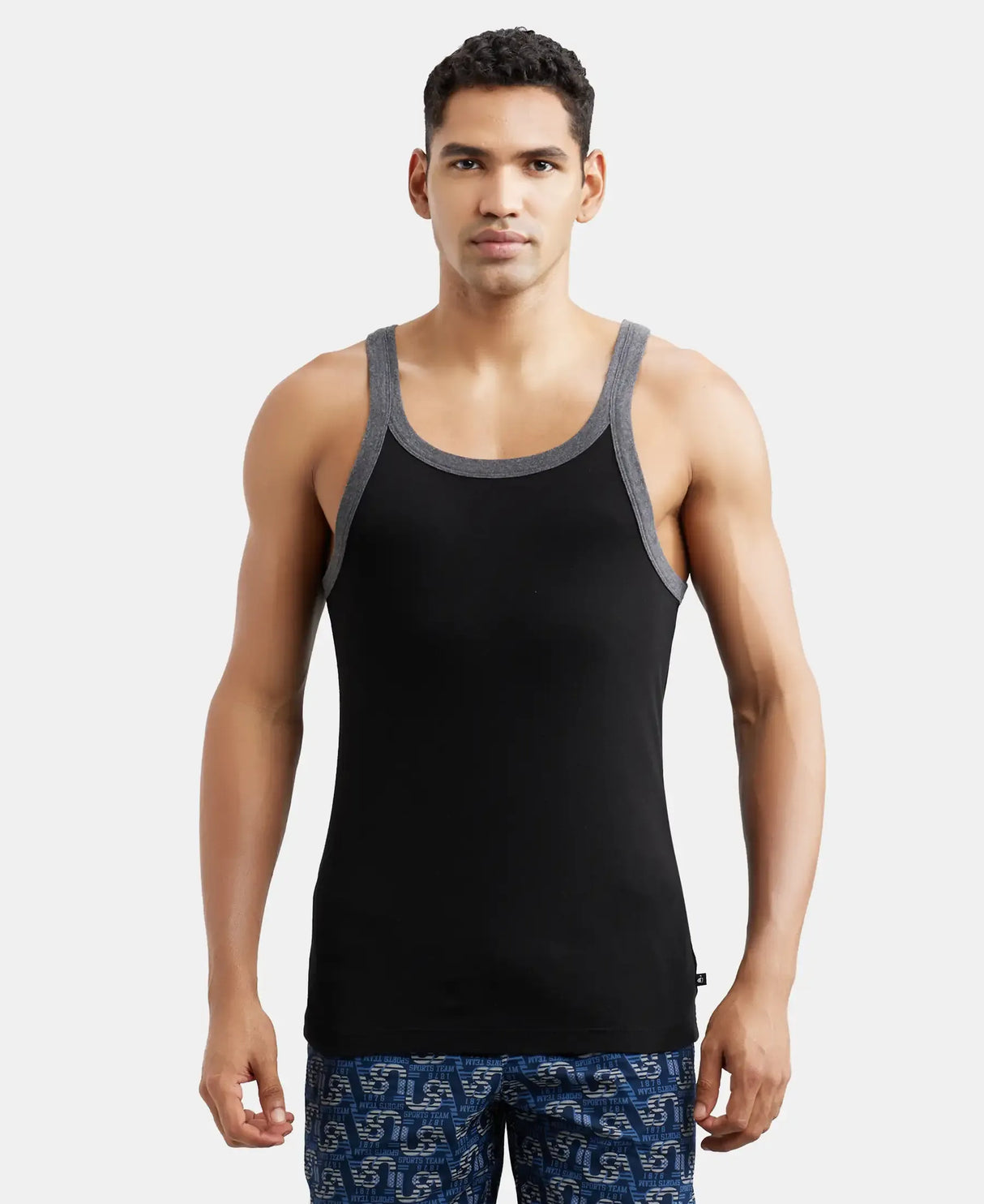 Super Combed Cotton Rib Square Neck Gym Vest #US27 - Black & Charcoal Melange