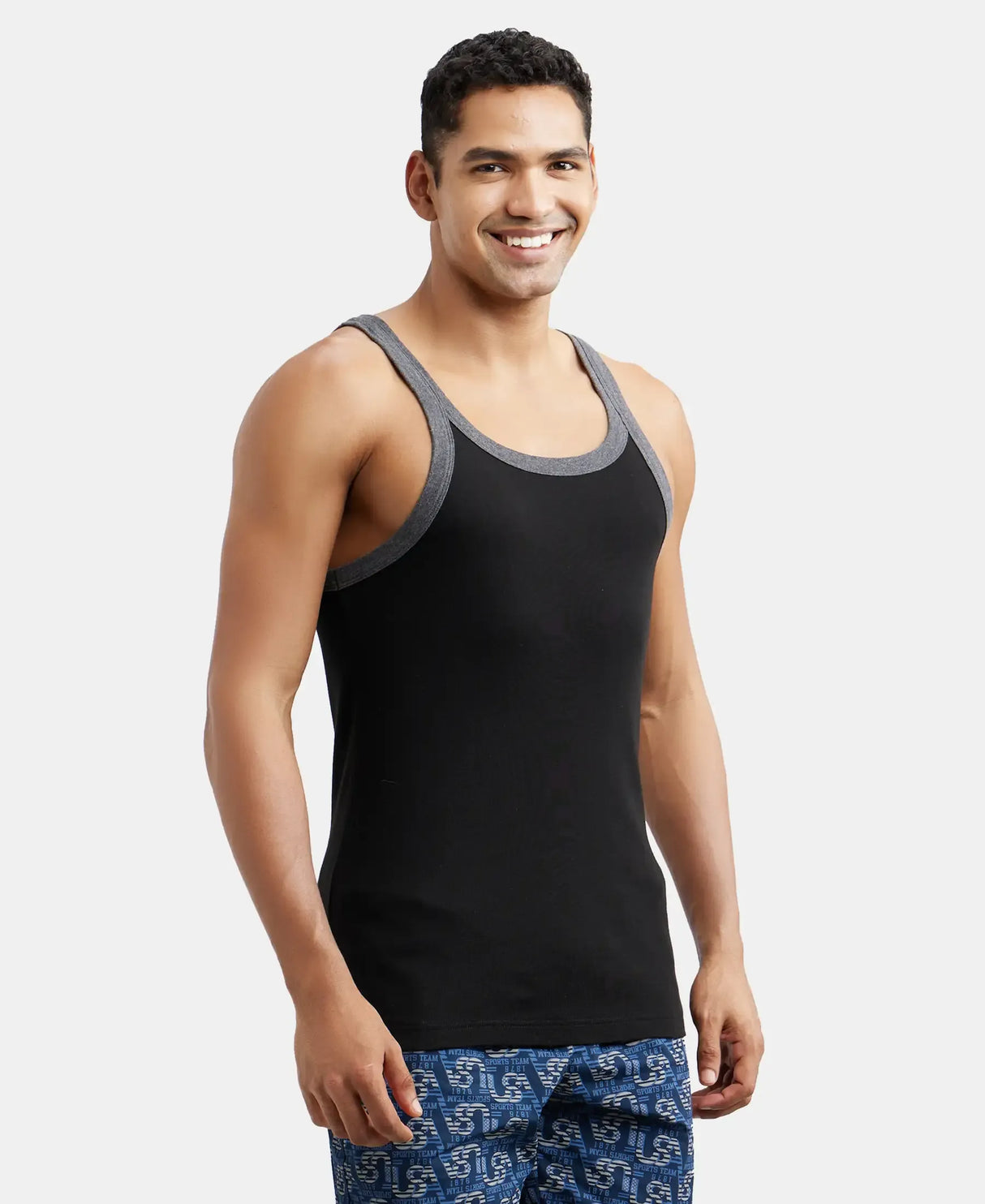 Super Combed Cotton Rib Square Neck Gym Vest #US27 - Black & Charcoal Melange