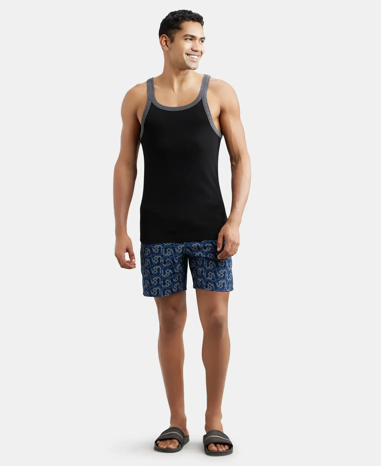 Super Combed Cotton Rib Square Neck Gym Vest #US27 - Black & Charcoal Melange