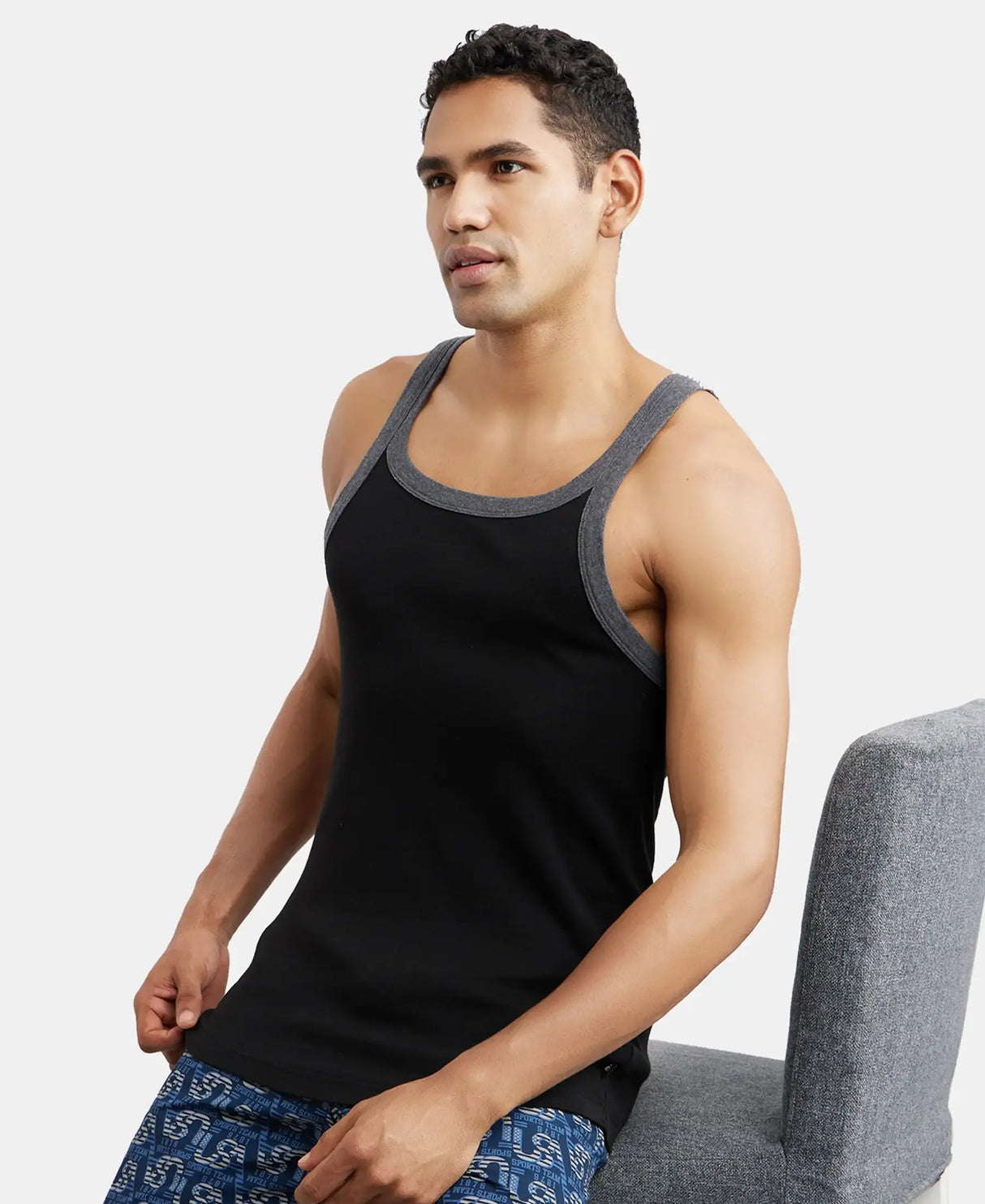 Super Combed Cotton Rib Square Neck Gym Vest #US27 - Black & Charcoal Melange