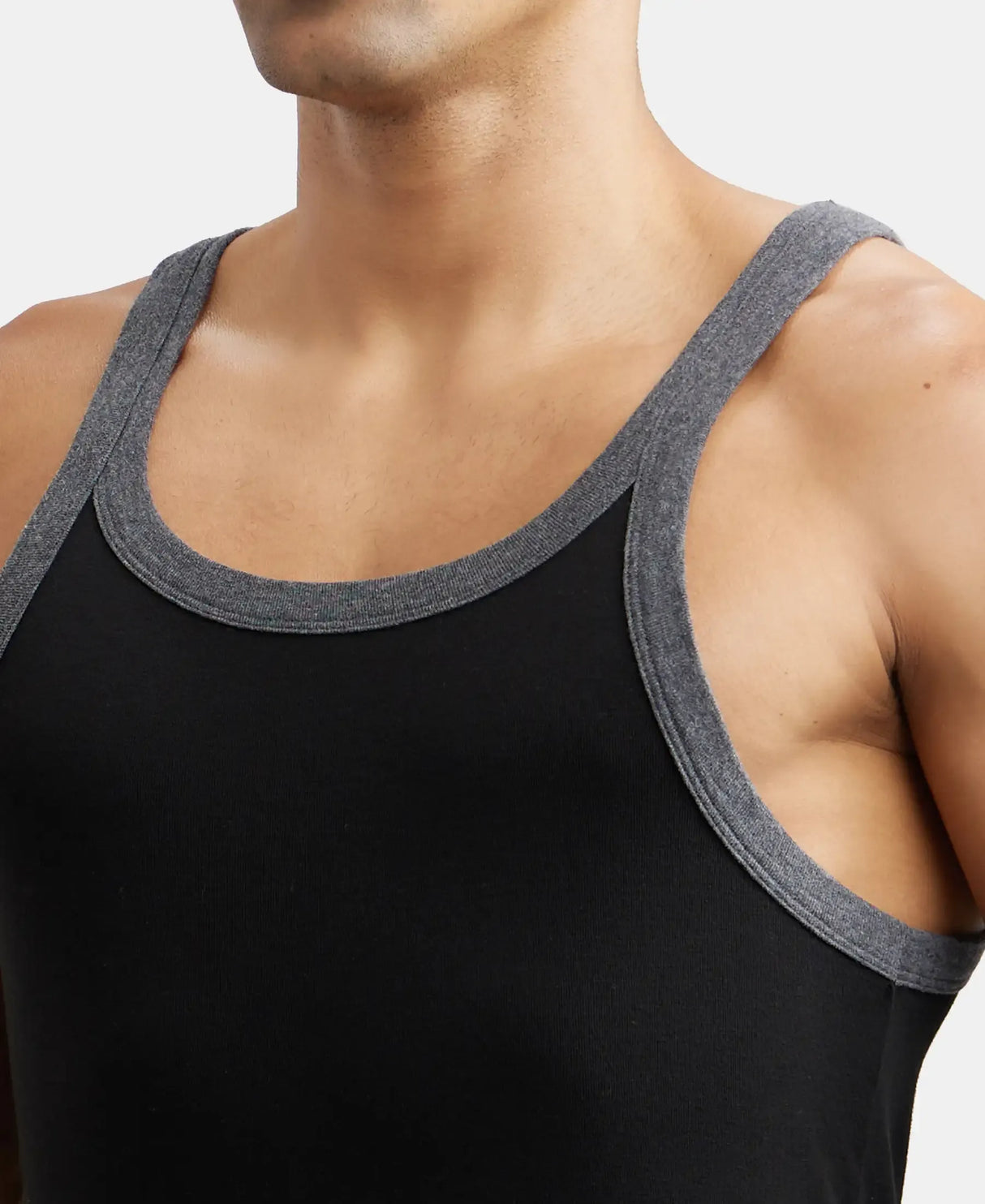 Super Combed Cotton Rib Square Neck Gym Vest #US27 - Black & Charcoal Melange