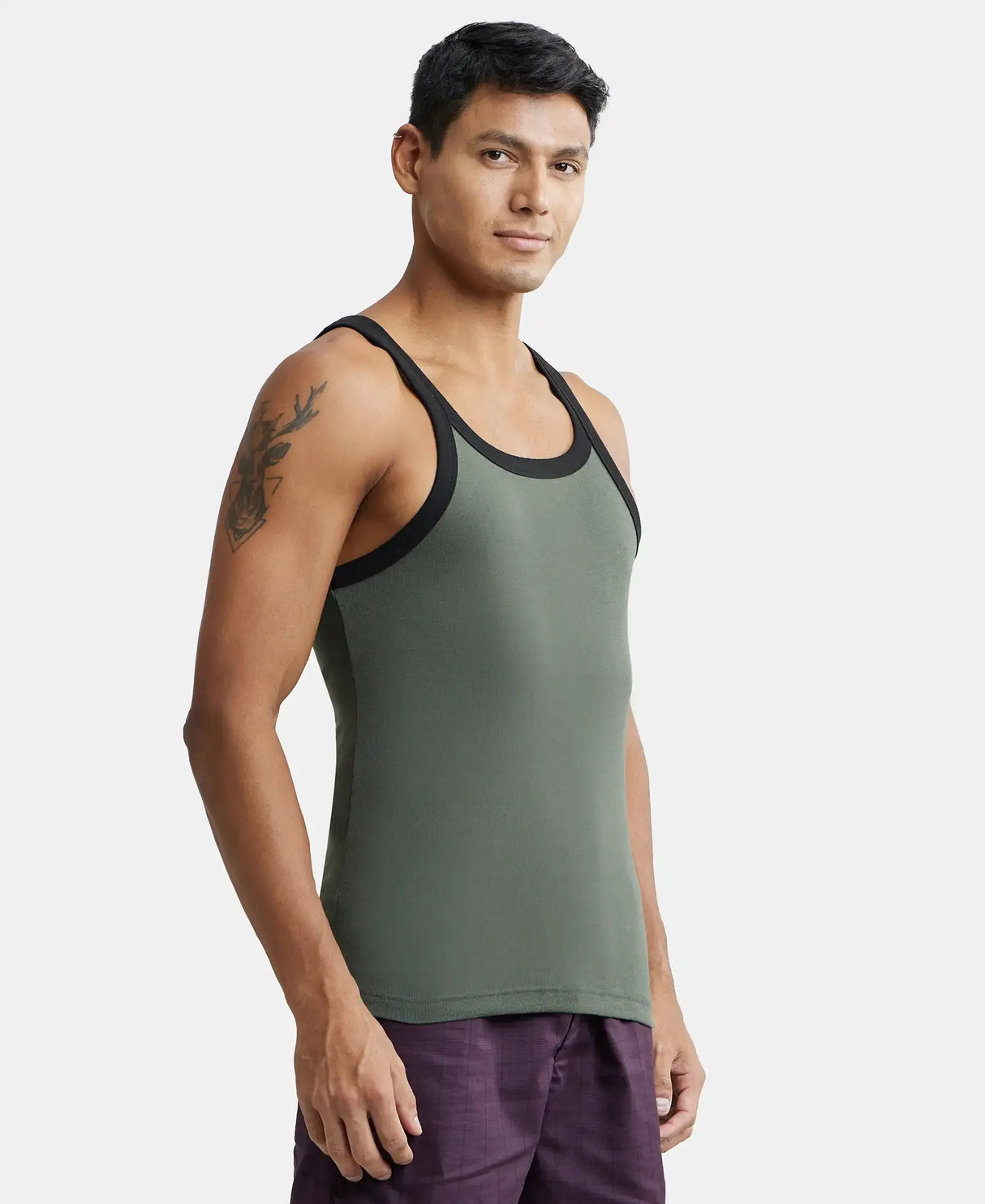 Super Combed Cotton Rib Square Neck Gym Vest #US27 - Deep Olive With Assorted Bias