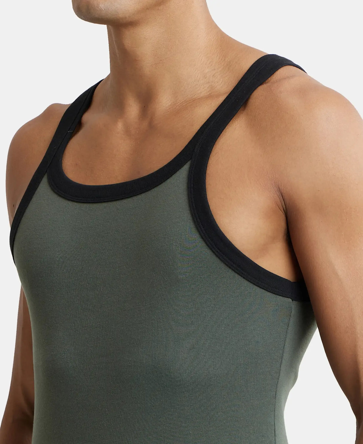 Super Combed Cotton Rib Square Neck Gym Vest #US27 - Deep Olive With Assorted Bias