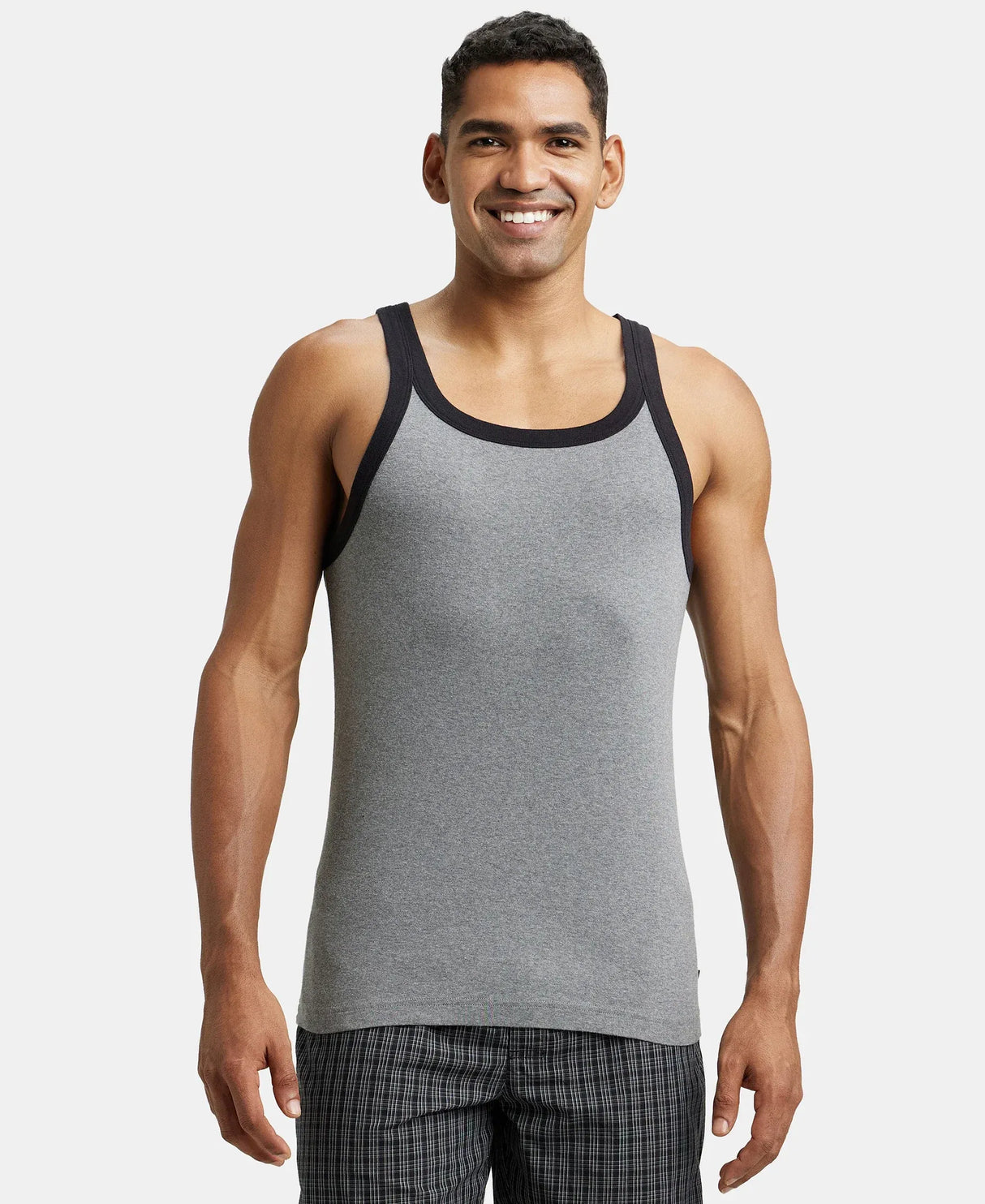 Super Combed Cotton Rib Square Neck Gym Vest #US27 - Mid Grey Mel & Reflecting Pond