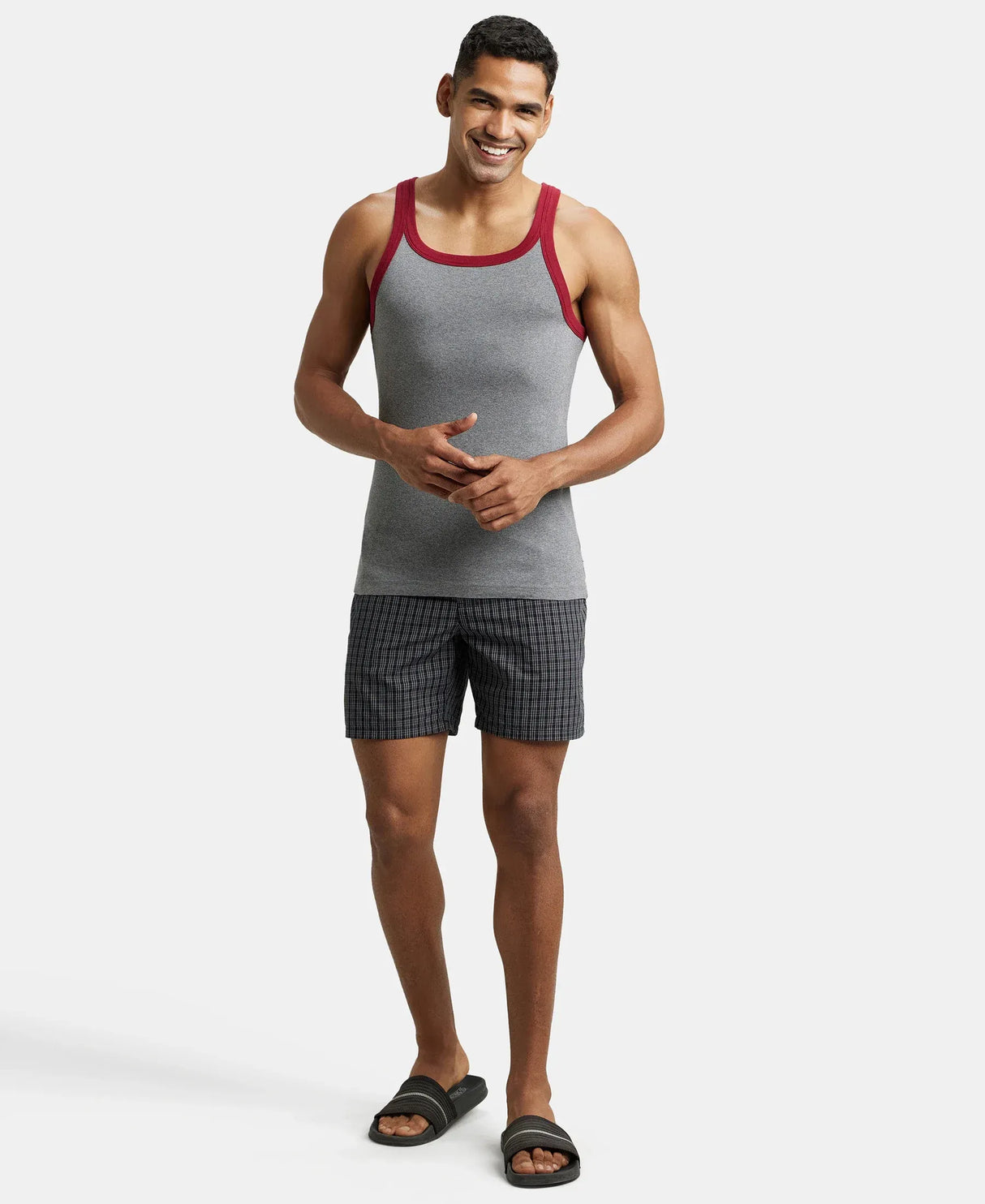 Super Combed Cotton Rib Square Neck Gym Vest #US27 - Mid Grey Mel & Reflecting Pond