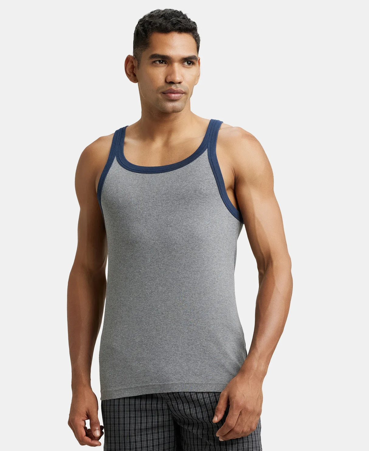 Super Combed Cotton Rib Square Neck Gym Vest #US27 - Mid Grey Mel & Reflecting Pond