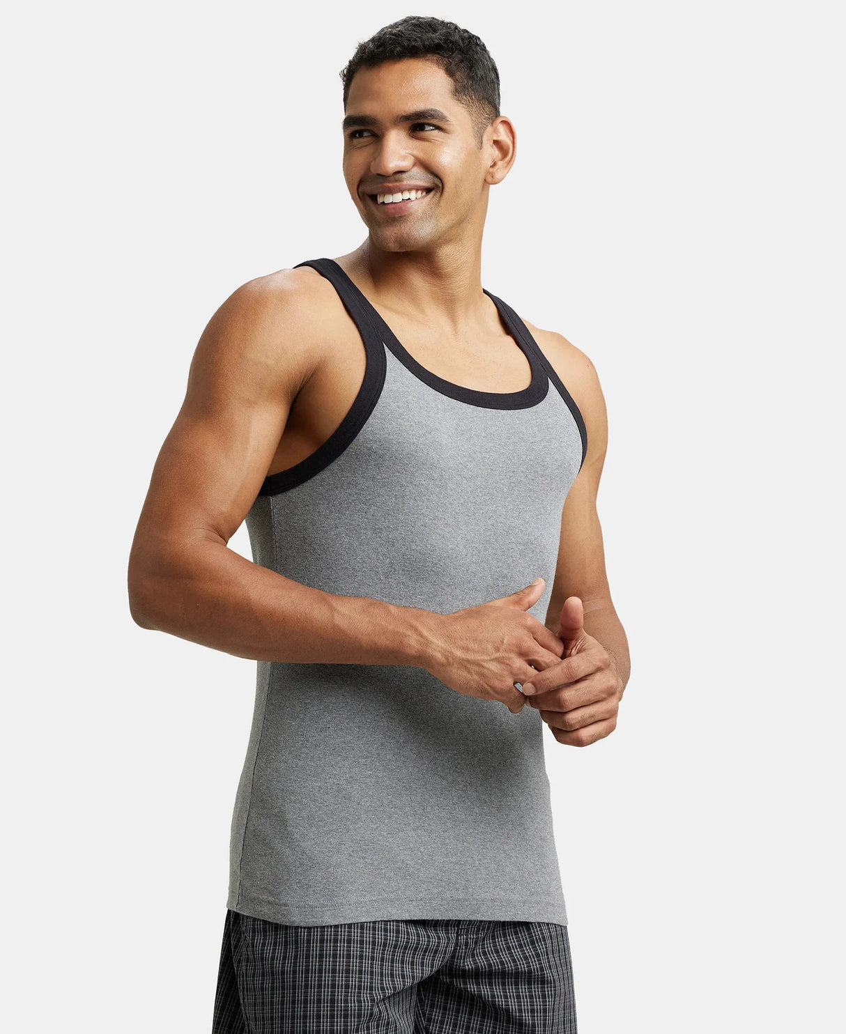 Super Combed Cotton Rib Square Neck Gym Vest #US27 - Mid Grey Mel & Reflecting Pond